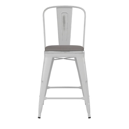 24" High White Metal Indoor-Counter Height Stool with Gray Poly Resin Wood Seat