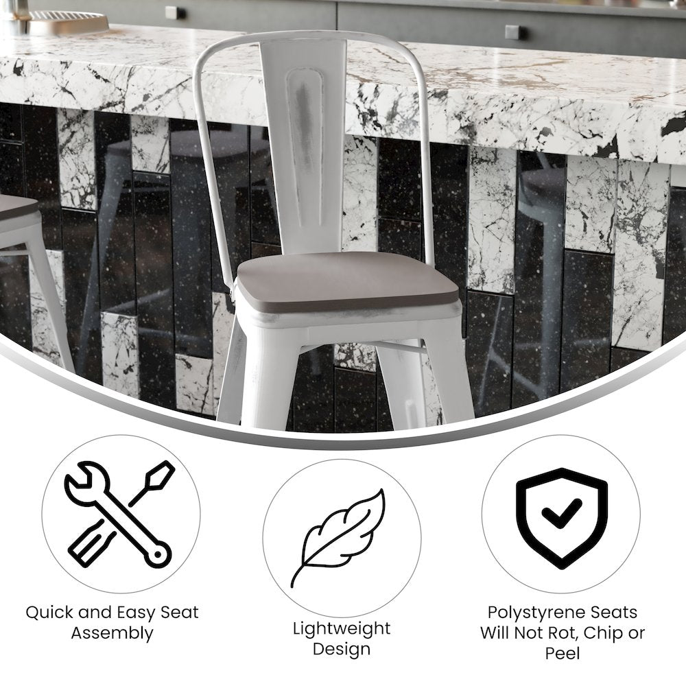 24" High White Metal Indoor-Counter Height Stool with Gray Poly Resin Wood Seat