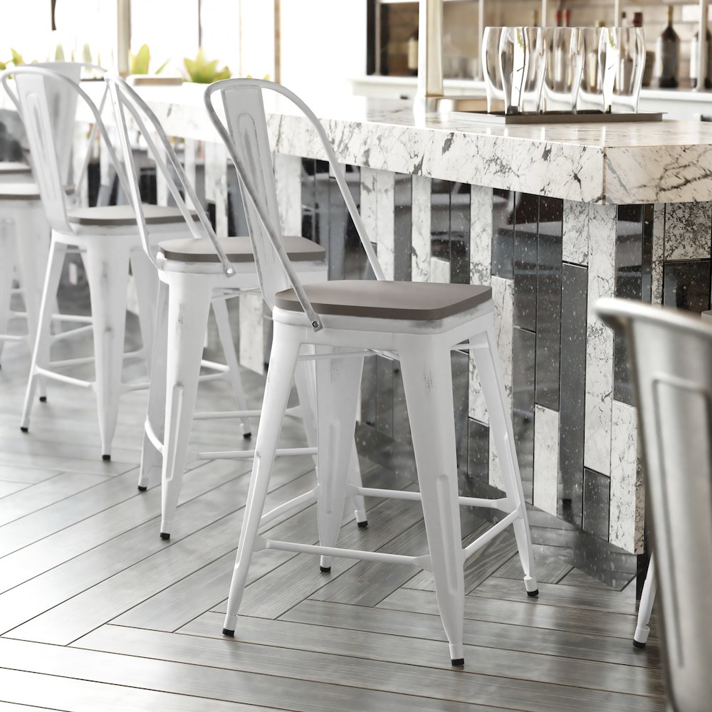 24" High White Metal Indoor-Counter Height Stool with Gray Poly Resin Wood Seat