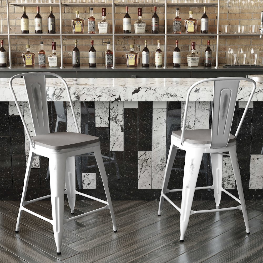 24" High White Metal Indoor-Counter Height Stool with Gray Poly Resin Wood Seat