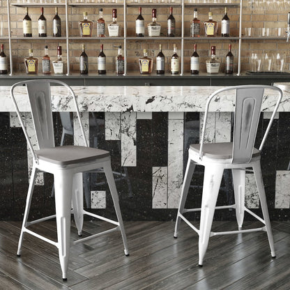 24" High White Metal Indoor-Counter Height Stool with Gray Poly Resin Wood Seat