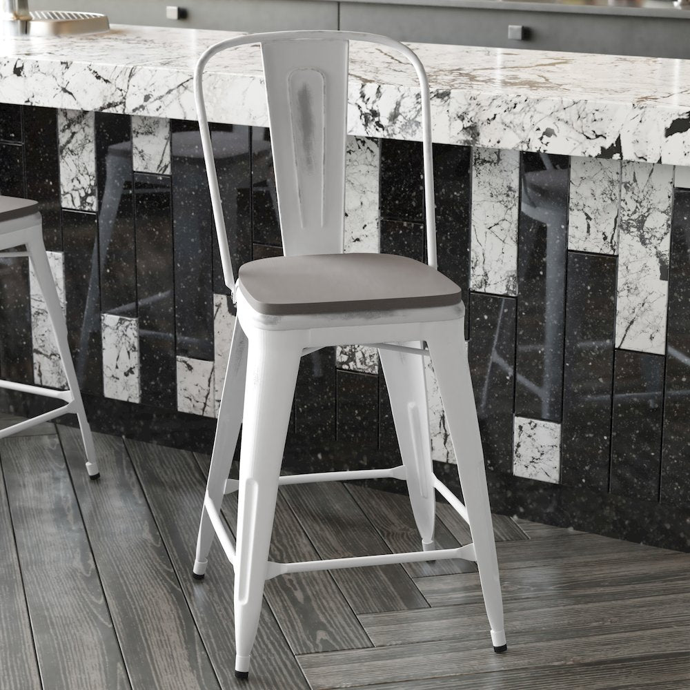 24" High White Metal Indoor-Counter Height Stool with Gray Poly Resin Wood Seat