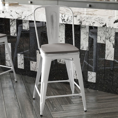 24" High White Metal Indoor-Counter Height Stool with Gray Poly Resin Wood Seat