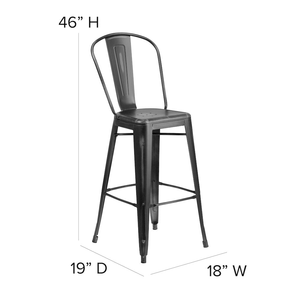 30" High Distressed Black Metal Indoor-Outdoor Barstool with Back