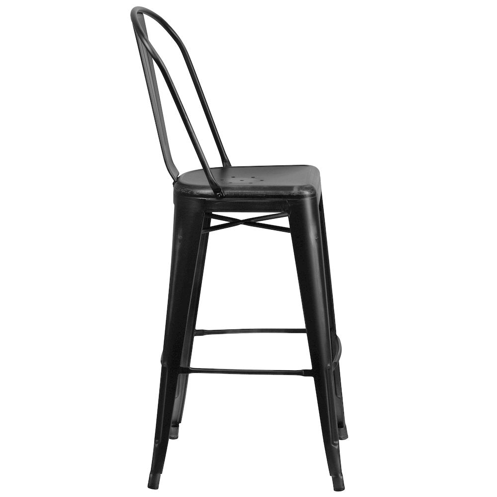 30" High Distressed Black Metal Indoor-Outdoor Barstool with Back