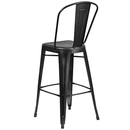 30" High Distressed Black Metal Indoor-Outdoor Barstool with Back
