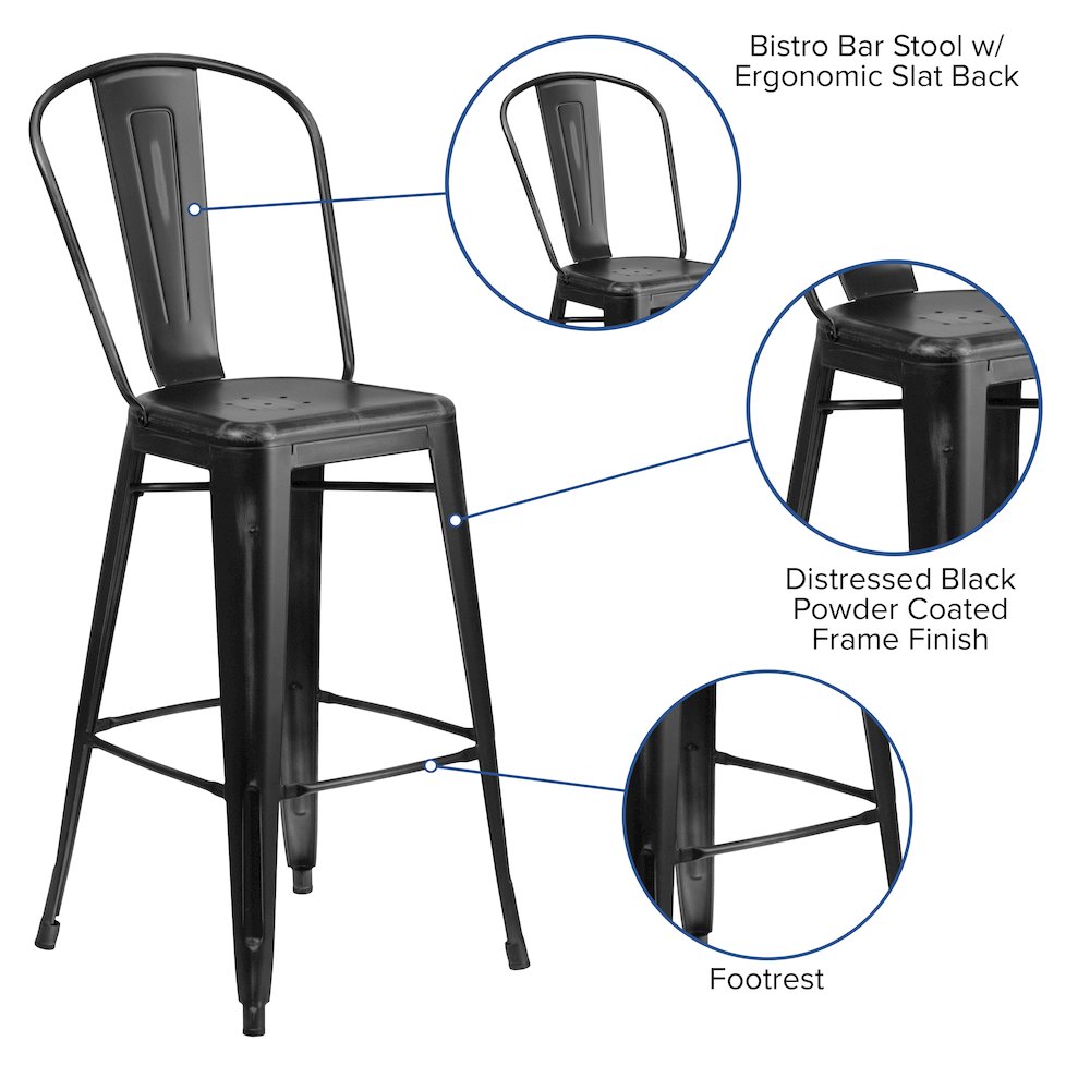 30" High Distressed Black Metal Indoor-Outdoor Barstool with Back
