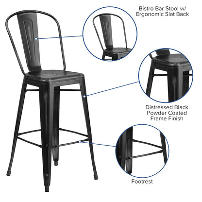 30" High Distressed Black Metal Indoor-Outdoor Barstool with Back