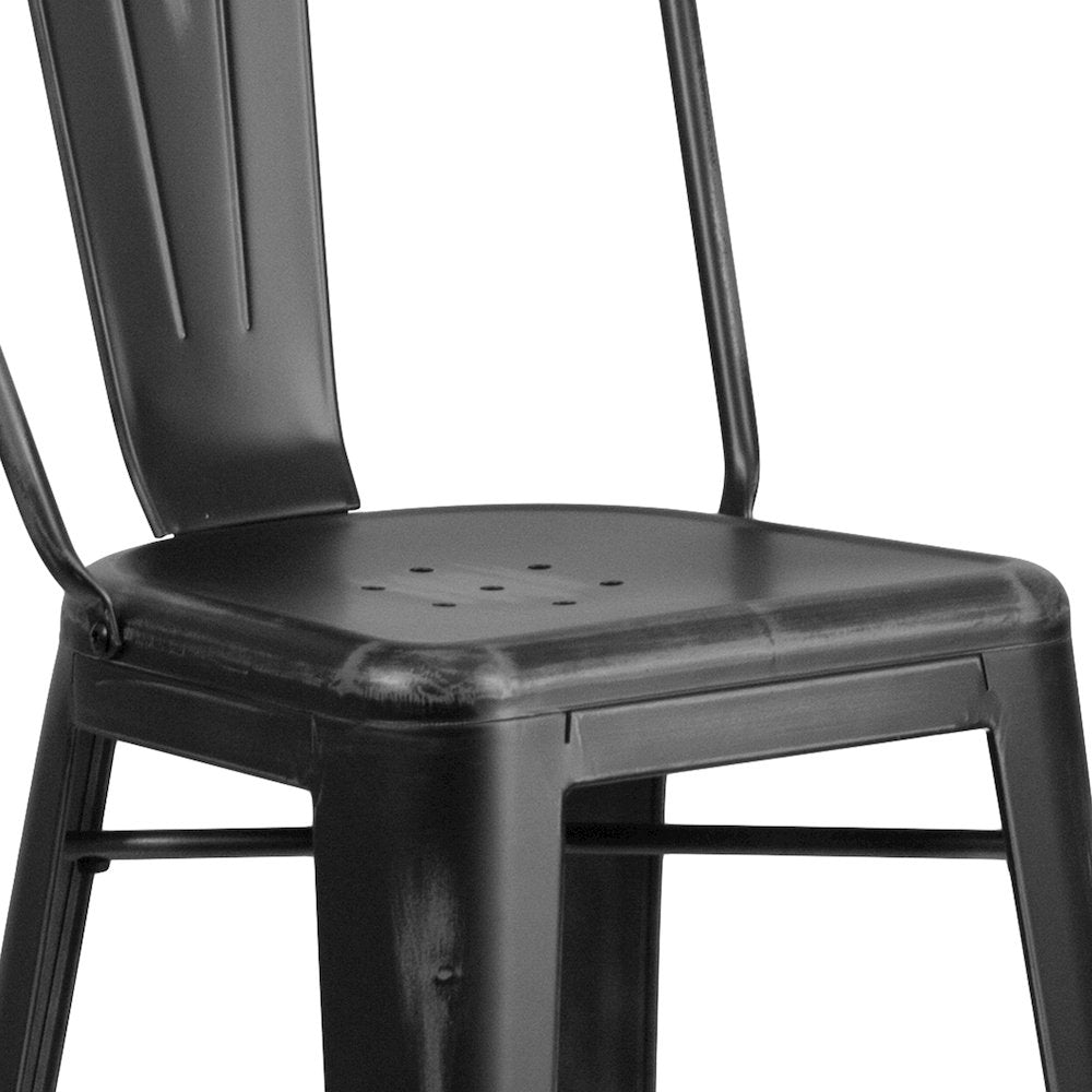 30" High Distressed Black Metal Indoor-Outdoor Barstool with Back