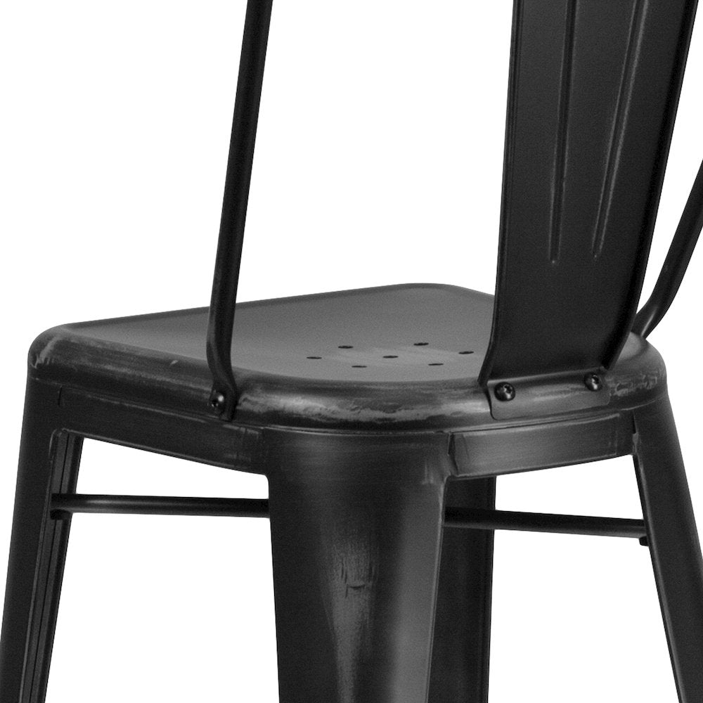 30" High Distressed Black Metal Indoor-Outdoor Barstool with Back