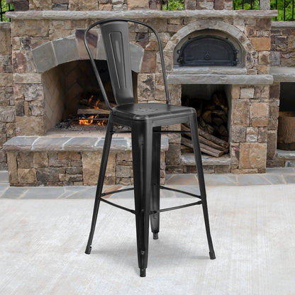 30" High Distressed Black Metal Indoor-Outdoor Barstool with Back