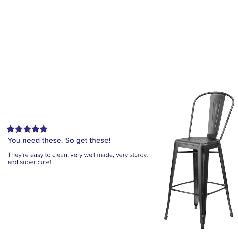 30" High Distressed Black Metal Indoor-Outdoor Barstool with Back