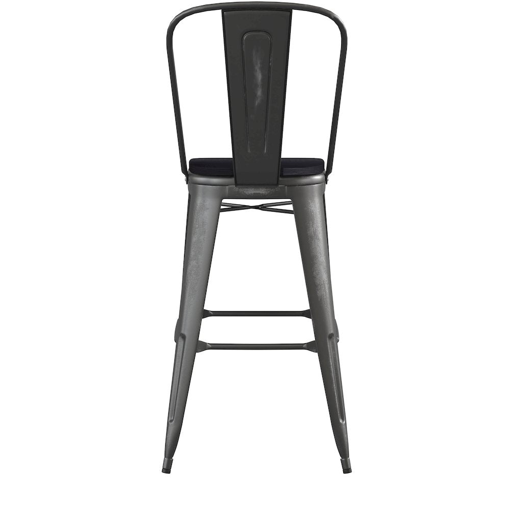 30" High Black Metal Indoor-Outdoor Barstool with Black Poly Resin Wood Seat