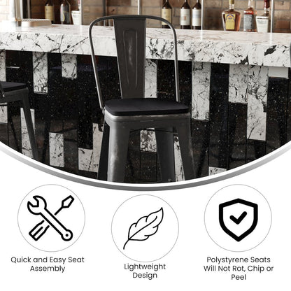 30" High Black Metal Indoor-Outdoor Barstool with Black Poly Resin Wood Seat