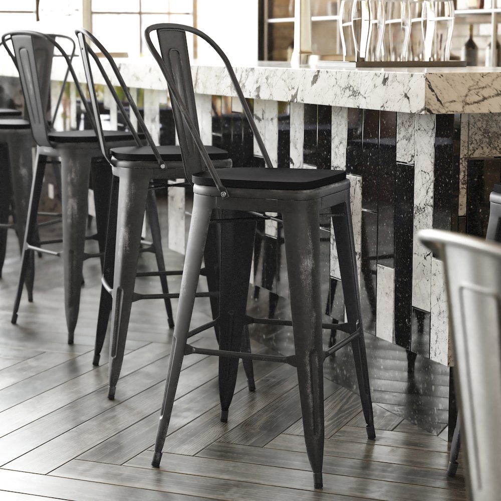30" High Black Metal Indoor-Outdoor Barstool with Black Poly Resin Wood Seat