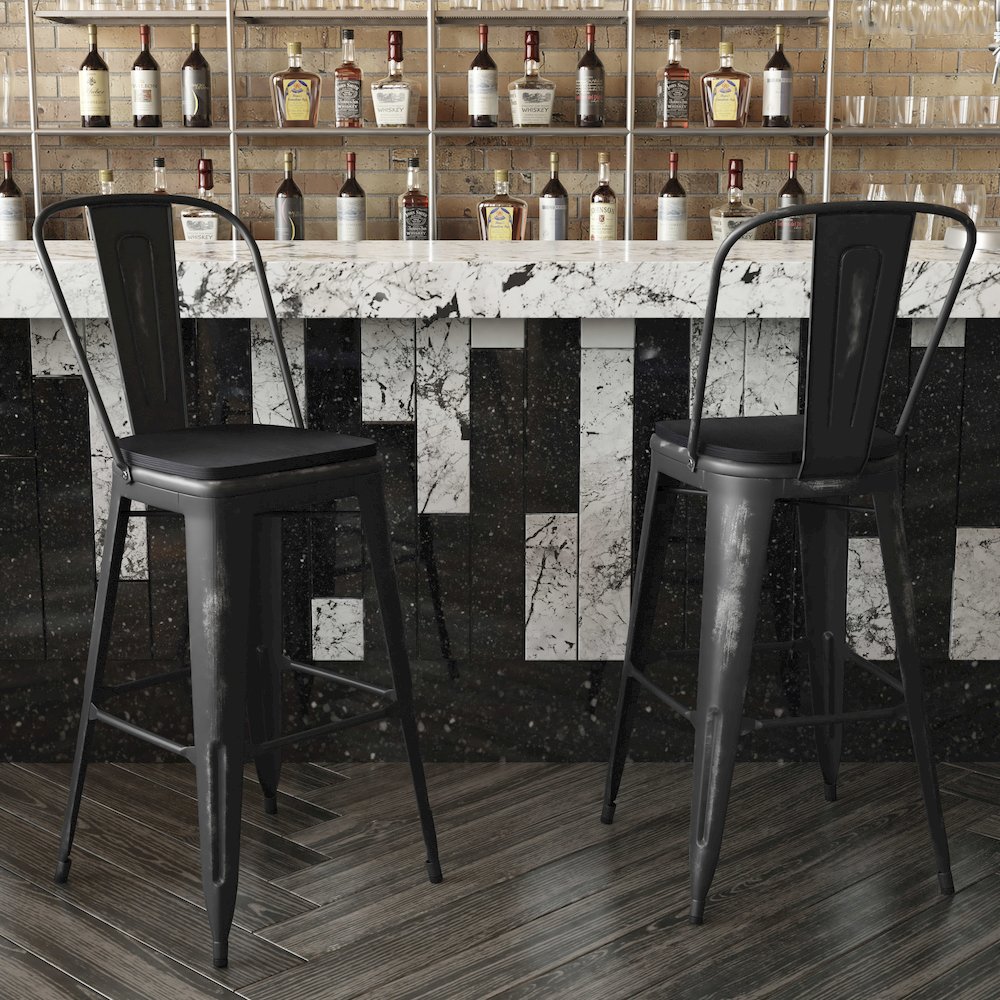 30" High Black Metal Indoor-Outdoor Barstool with Black Poly Resin Wood Seat