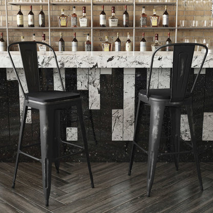 30" High Black Metal Indoor-Outdoor Barstool with Black Poly Resin Wood Seat