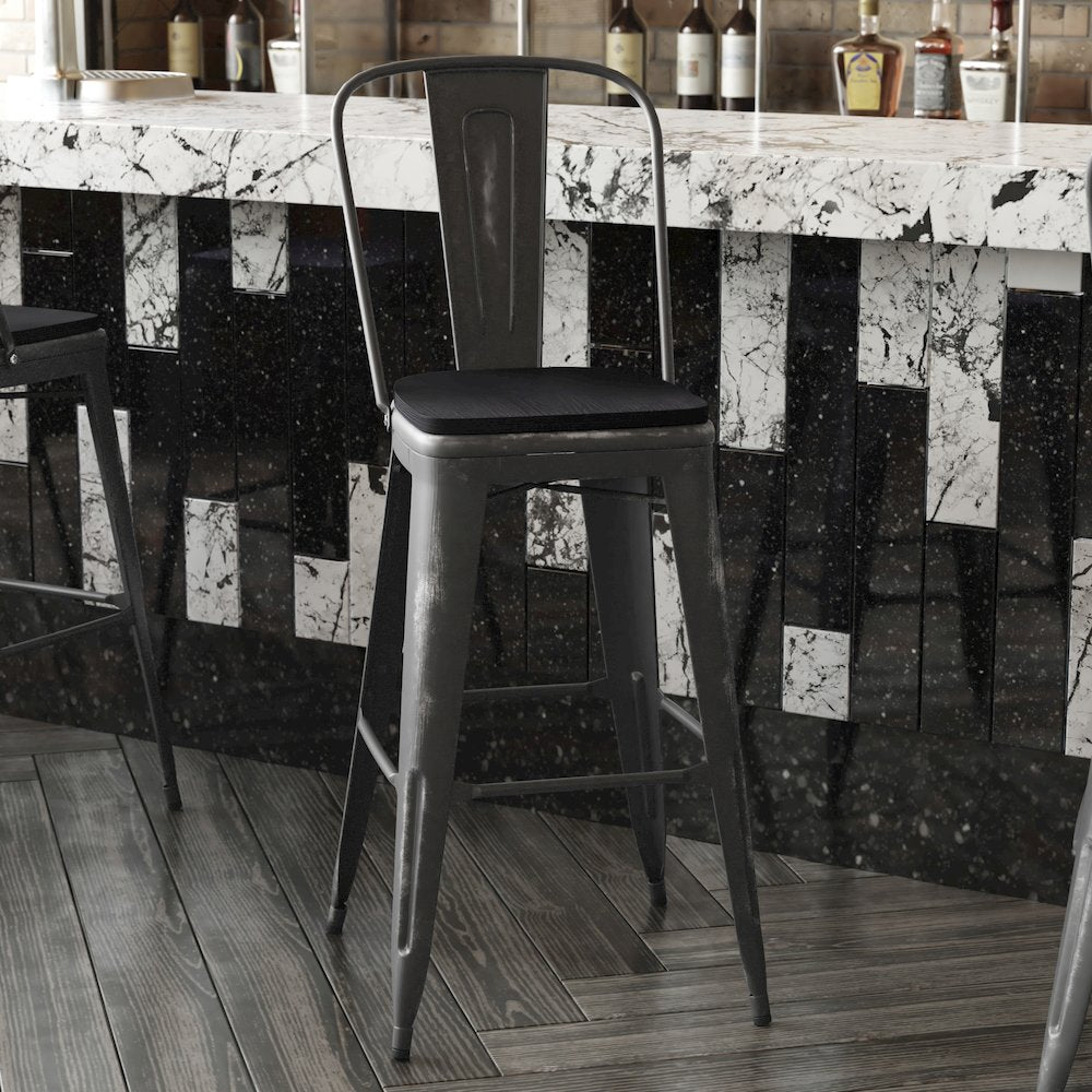 30" High Black Metal Indoor-Outdoor Barstool with Black Poly Resin Wood Seat