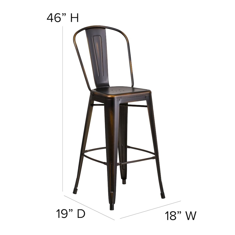 30" High Distressed Copper Metal Indoor-Outdoor Barstool with Back