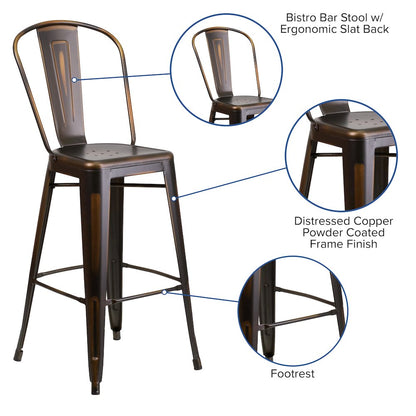 30" High Distressed Copper Metal Indoor-Outdoor Barstool with Back