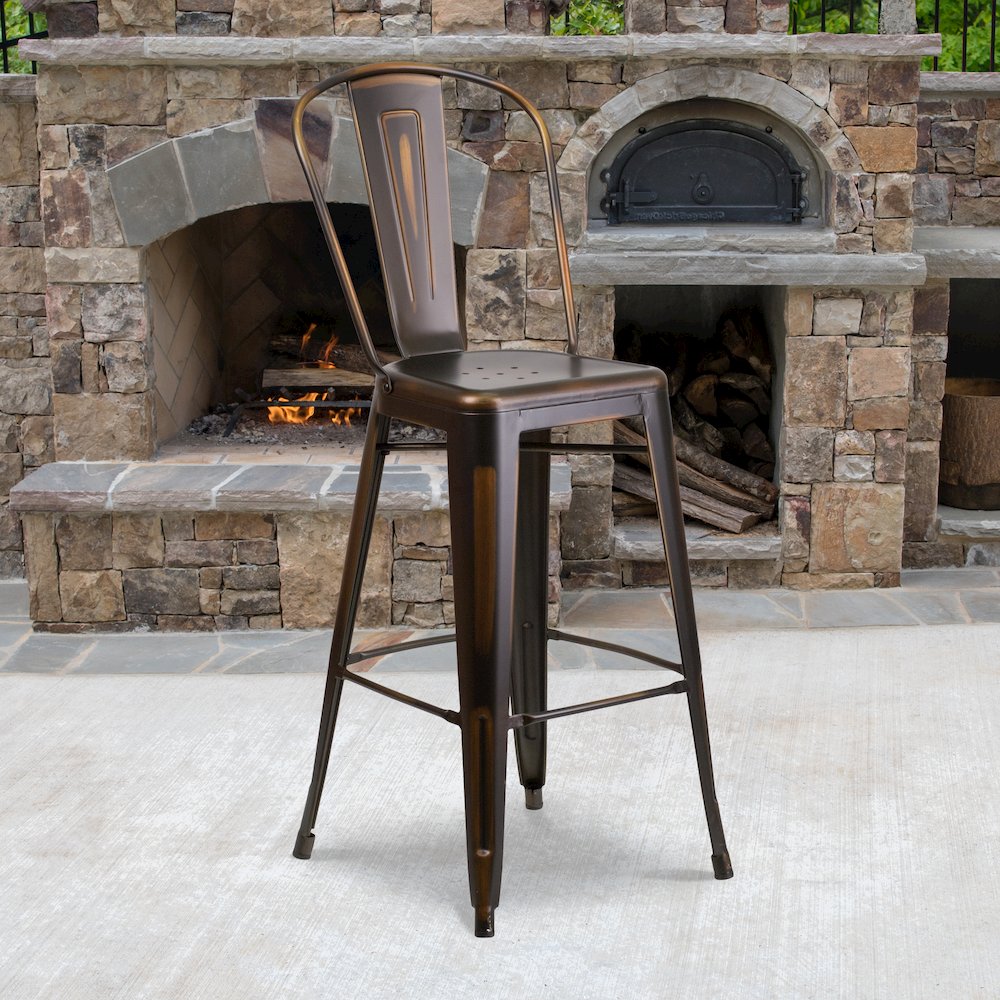 30" High Distressed Copper Metal Indoor-Outdoor Barstool with Back