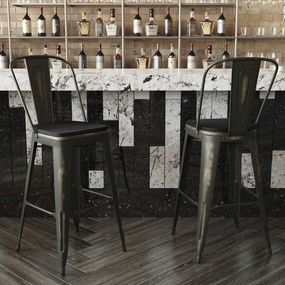 30" High Copper Metal Indoor-Outdoor Barstool with Black Poly Resin Wood Seat