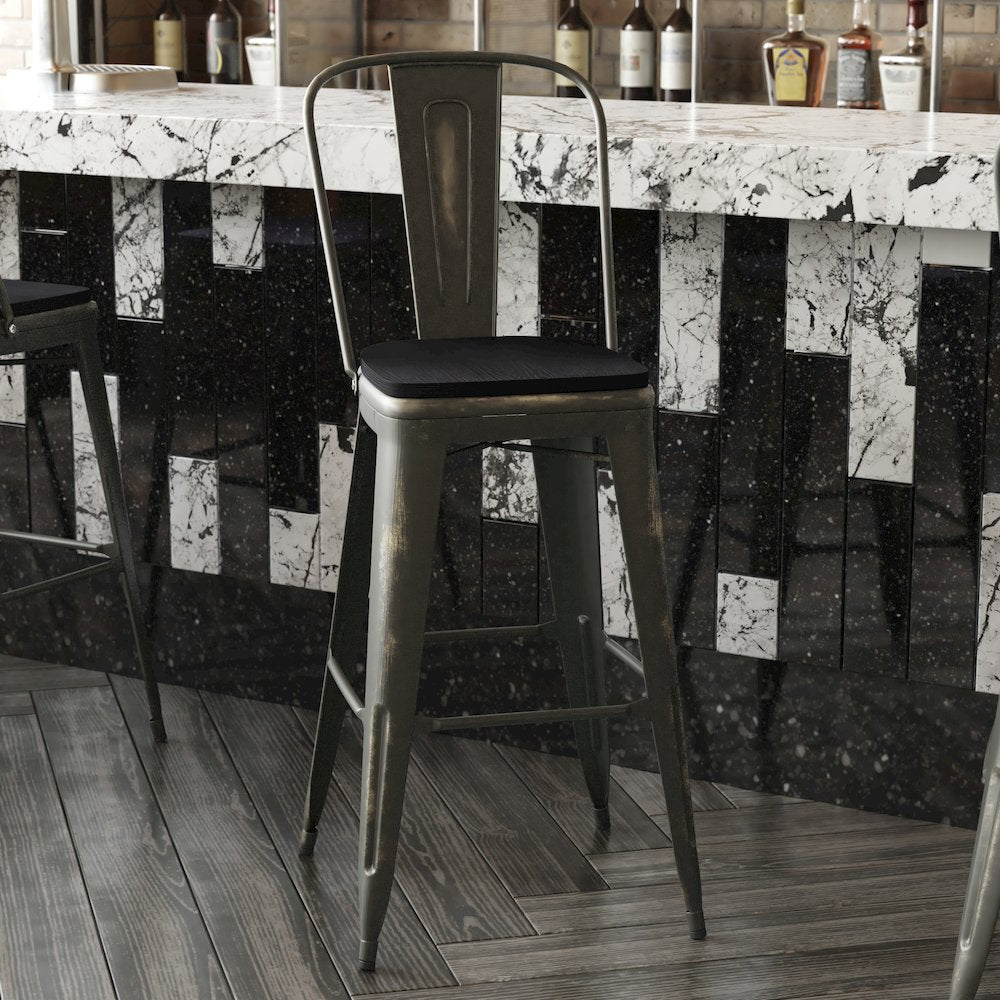30" High Copper Metal Indoor-Outdoor Barstool with Black Poly Resin Wood Seat
