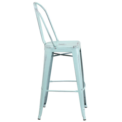 30" High Distressed Green-Blue Metal Indoor-Outdoor Barstool with Back