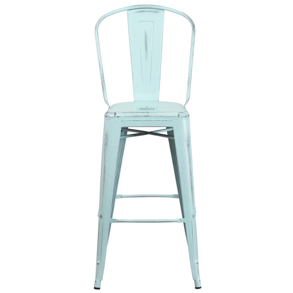 30" High Distressed Green-Blue Metal Indoor-Outdoor Barstool with Back