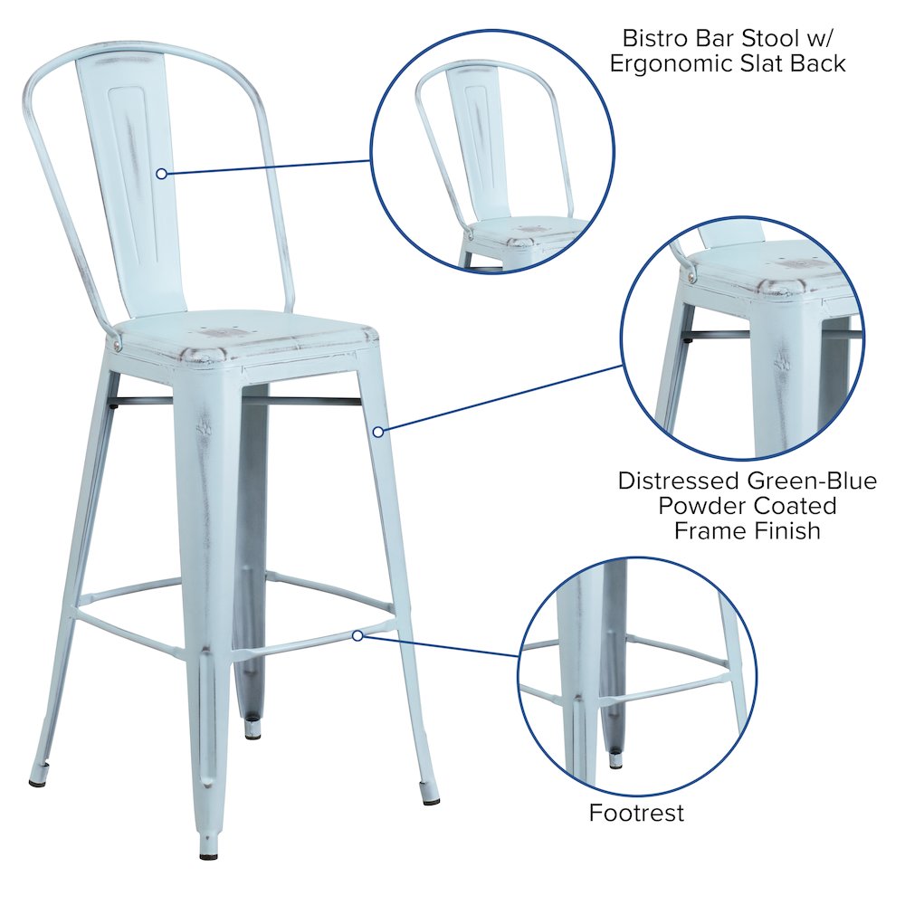 30" High Distressed Green-Blue Metal Indoor-Outdoor Barstool with Back