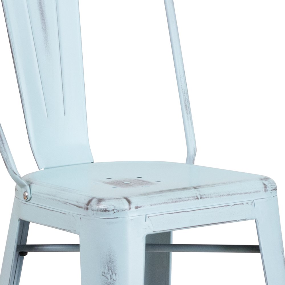 30" High Distressed Green-Blue Metal Indoor-Outdoor Barstool with Back
