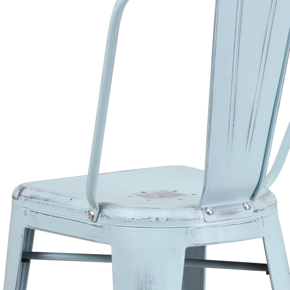 30" High Distressed Green-Blue Metal Indoor-Outdoor Barstool with Back