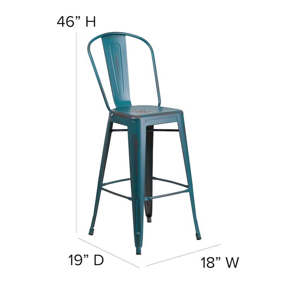 30" High Distressed Kelly Blue-Teal Metal Indoor-Outdoor Barstool with Back
