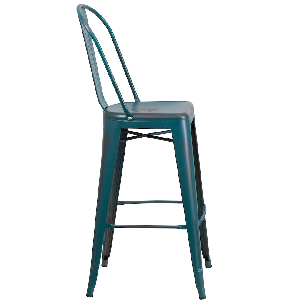 30" High Distressed Kelly Blue-Teal Metal Indoor-Outdoor Barstool with Back