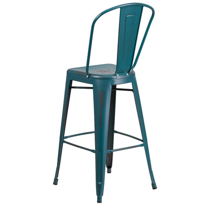 30" High Distressed Kelly Blue-Teal Metal Indoor-Outdoor Barstool with Back