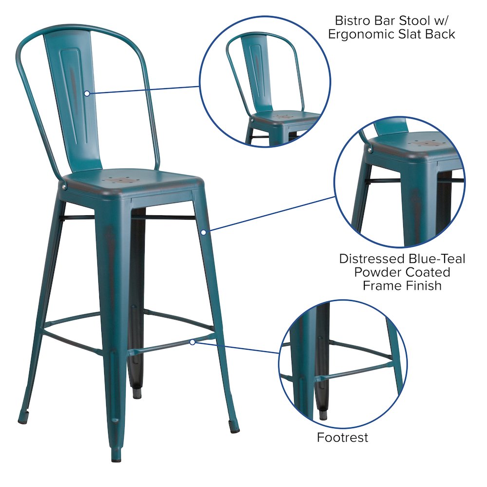 30" High Distressed Kelly Blue-Teal Metal Indoor-Outdoor Barstool with Back