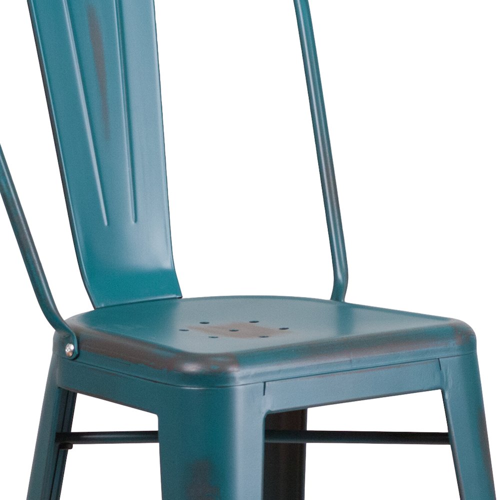 30" High Distressed Kelly Blue-Teal Metal Indoor-Outdoor Barstool with Back