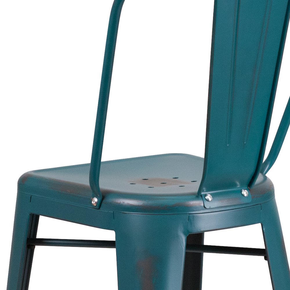 30" High Distressed Kelly Blue-Teal Metal Indoor-Outdoor Barstool with Back