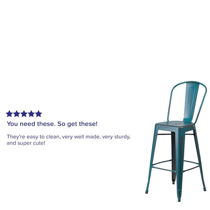 30" High Distressed Kelly Blue-Teal Metal Indoor-Outdoor Barstool with Back