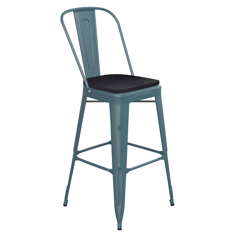 30" High Kelly Blue-Teal Metal Indoor-Barstool with Black Poly Resin Wood Seat