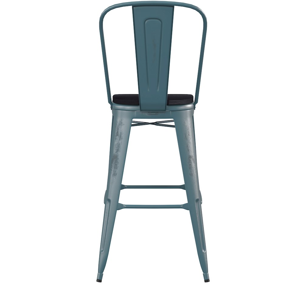 30" High Kelly Blue-Teal Metal Indoor-Barstool with Black Poly Resin Wood Seat
