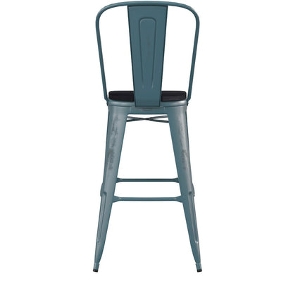 30" High Kelly Blue-Teal Metal Indoor-Barstool with Black Poly Resin Wood Seat
