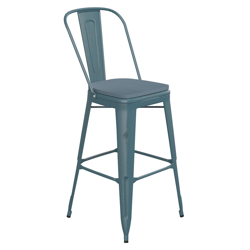 30" High Kelly Blue-Teal Metal Barstool with Teal-Blue Poly Resin Wood Seat
