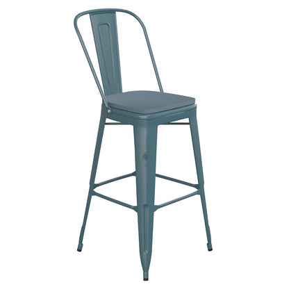 30" High Kelly Blue-Teal Metal Barstool with Teal-Blue Poly Resin Wood Seat