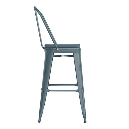 30" High Kelly Blue-Teal Metal Barstool with Teal-Blue Poly Resin Wood Seat