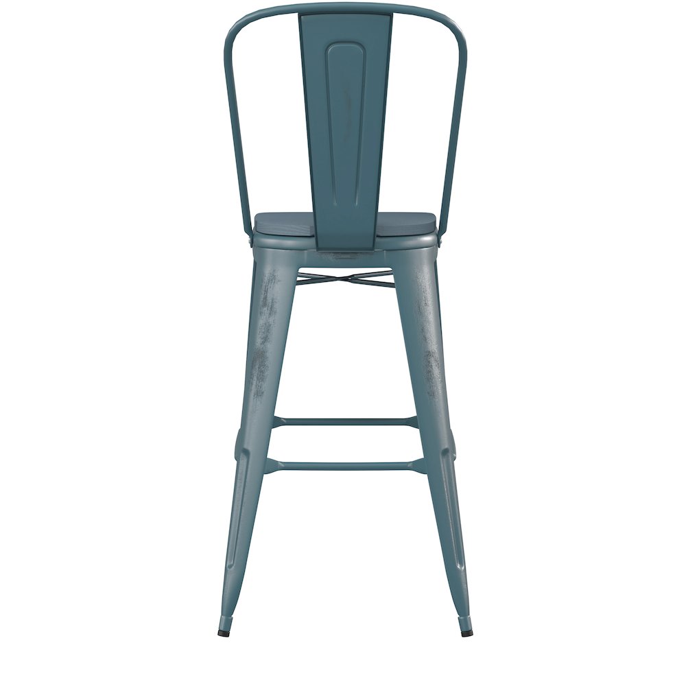 30" High Kelly Blue-Teal Metal Barstool with Teal-Blue Poly Resin Wood Seat