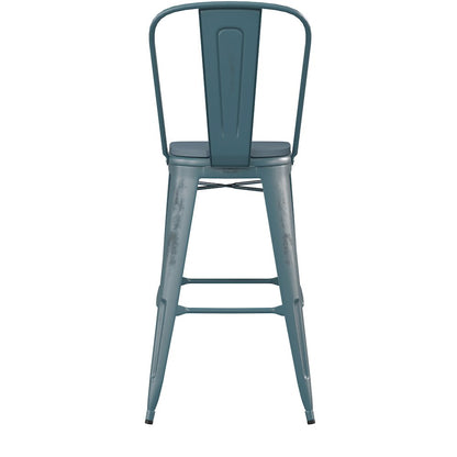 30" High Kelly Blue-Teal Metal Barstool with Teal-Blue Poly Resin Wood Seat