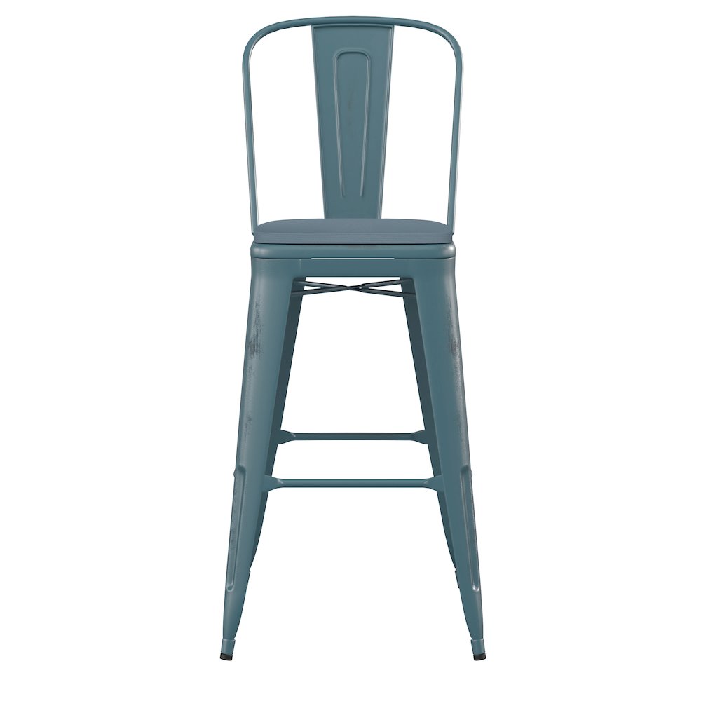 30" High Kelly Blue-Teal Metal Barstool with Teal-Blue Poly Resin Wood Seat