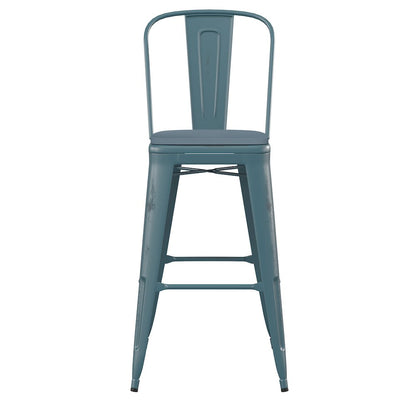 30" High Kelly Blue-Teal Metal Barstool with Teal-Blue Poly Resin Wood Seat