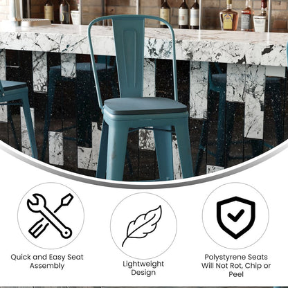 30" High Kelly Blue-Teal Metal Barstool with Teal-Blue Poly Resin Wood Seat